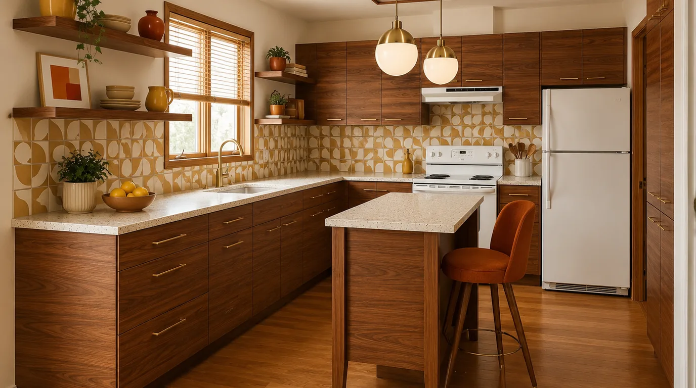 Kitchen restyled in Mid-Century Modern — walnut fronts, mustard geometric backsplash, brass globe pendants