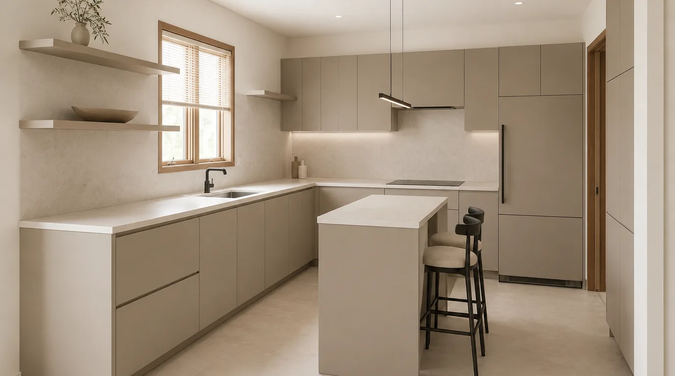 Kitchen restyled in Modern Minimal — handleless greige slab fronts, pale stone counters, clear worktops
