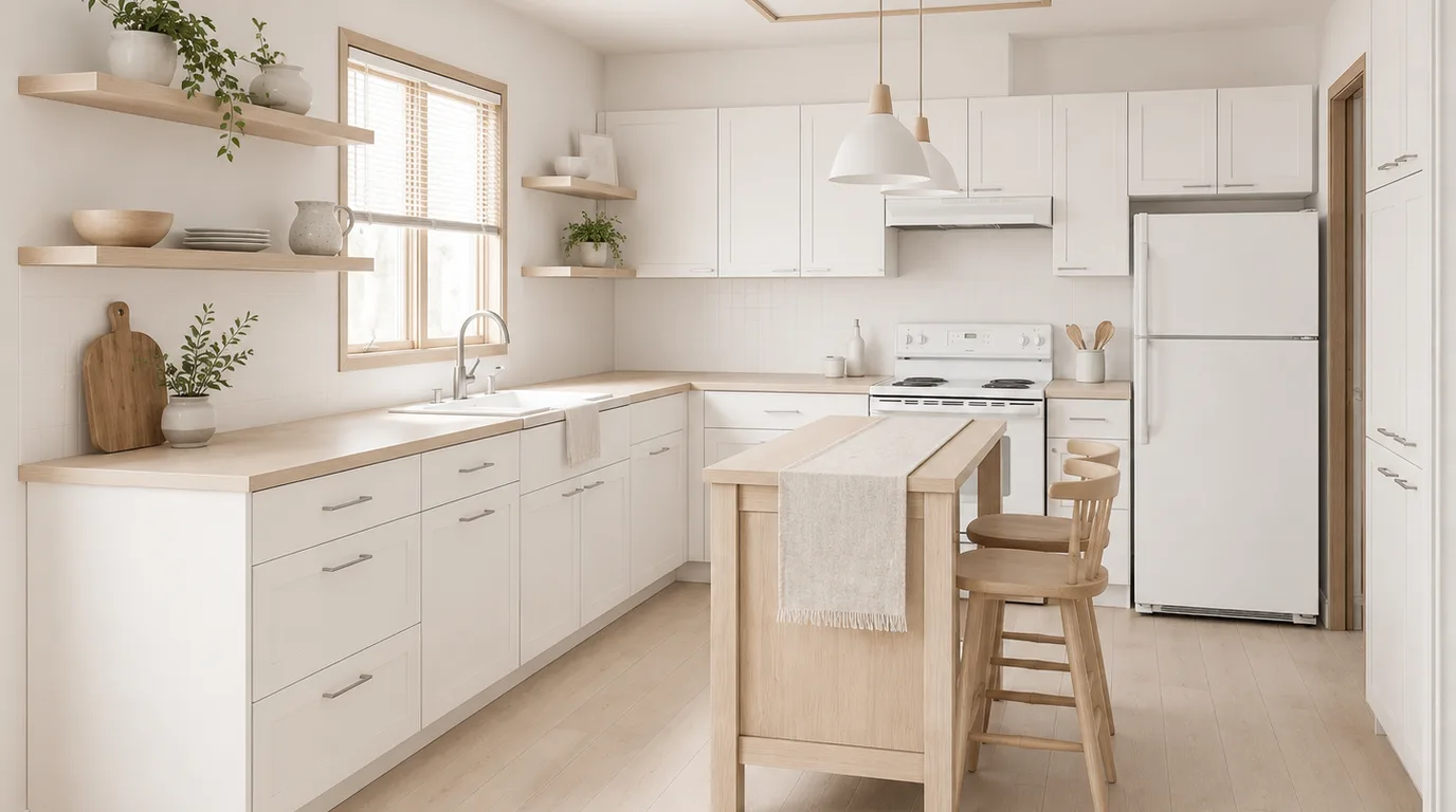 Kitchen restyled in Scandinavian — matte white fronts, pale ash island, light birch counters