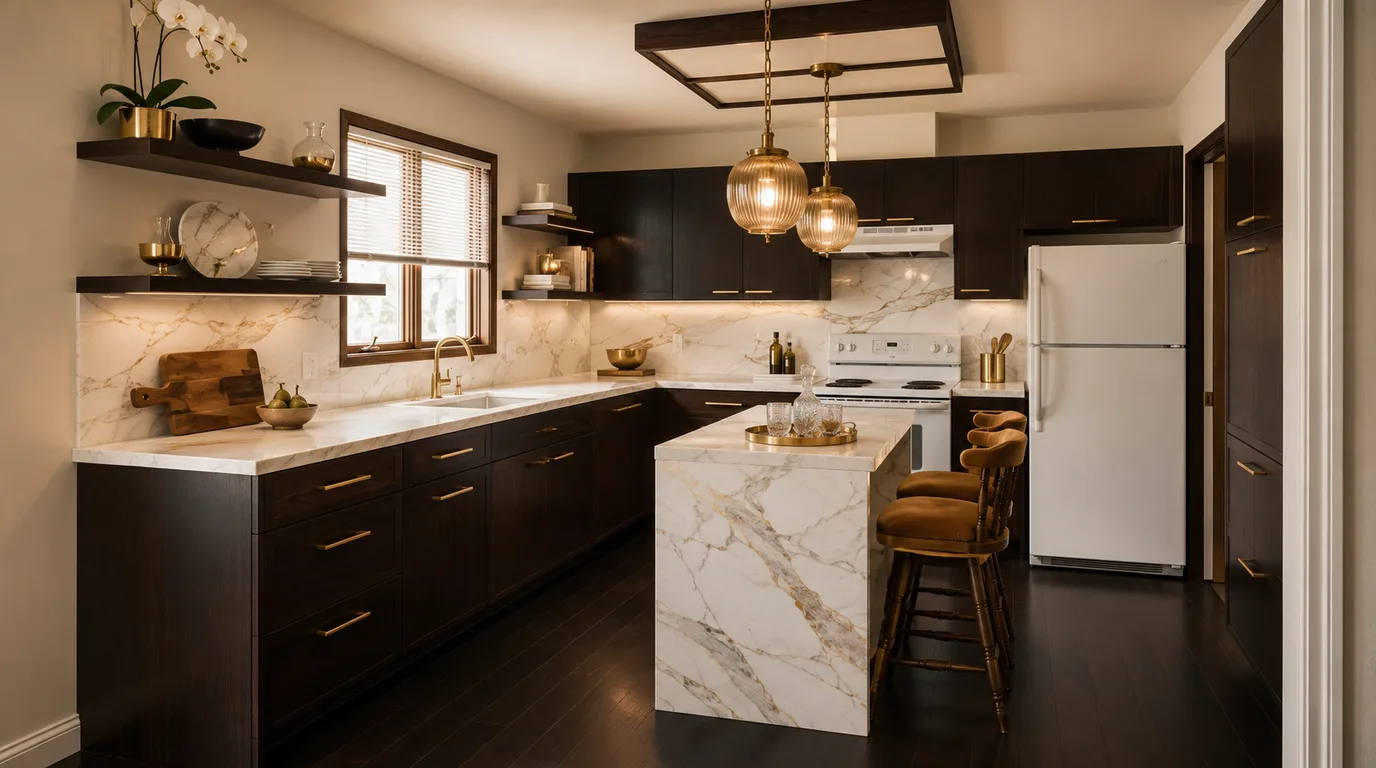 Kitchen restyled in Warm Luxury — ebony fronts, Calacatta gold marble island, brass pendants