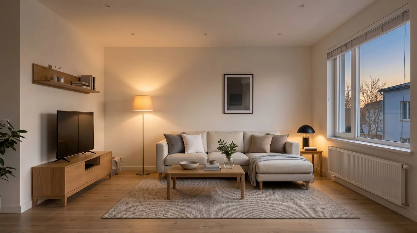 The same living room relit for warm dusk — lamps glowing, twilight sky in the window, cozy evening mood — after
