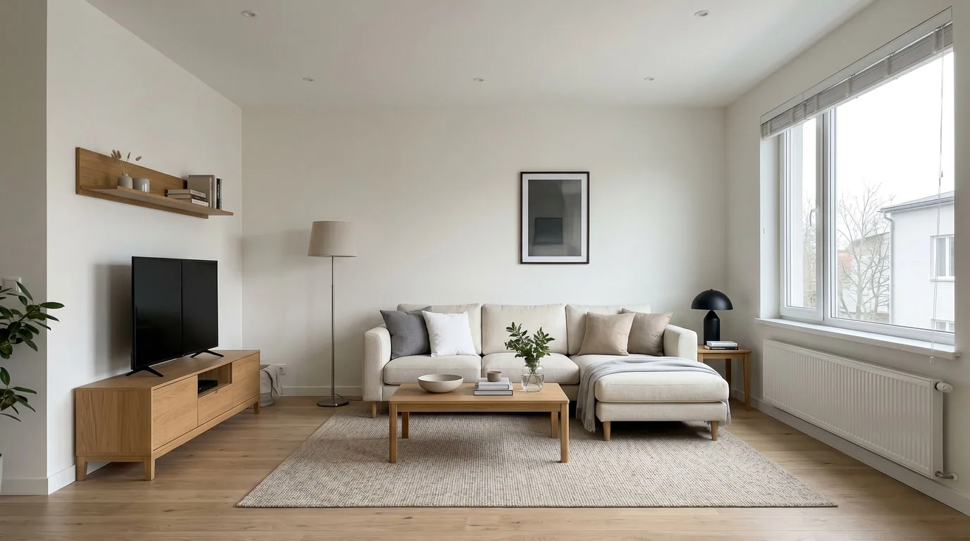 The same living room relit for warm dusk — lamps glowing, twilight sky in the window, cozy evening mood — before