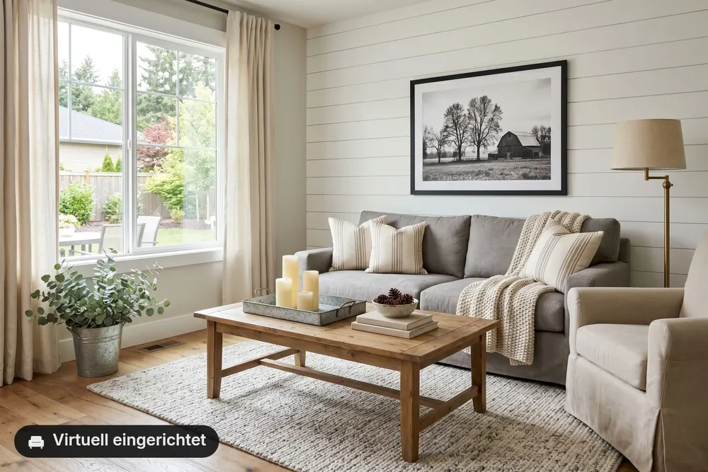 Badge — ein Badge „Virtuell eingerichtet“ mit Sofa-Symbol in der Ecke eines eingerichteten Wohnzimmers