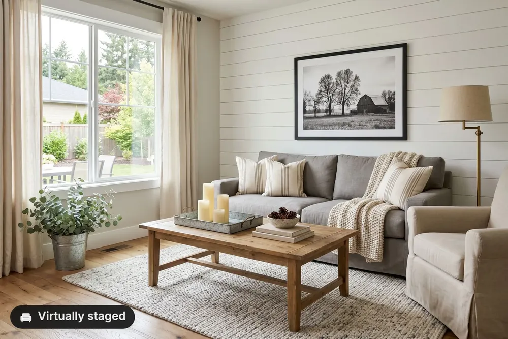 Badge — a “Virtually staged” badge with a sofa icon in the corner of a staged living room